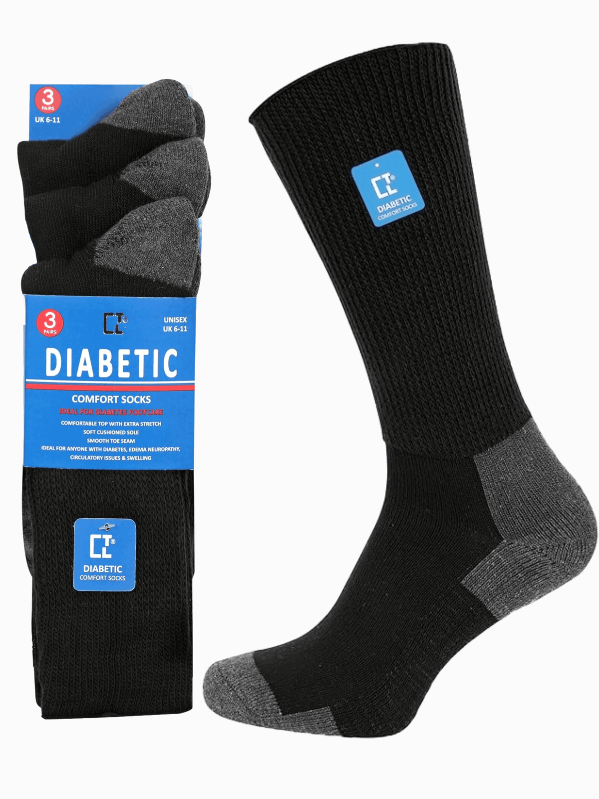 3 Pairs Black Extra Wide Non Elastic Diabetic Socks Soft Grip Sock - CTL MANCHESTER